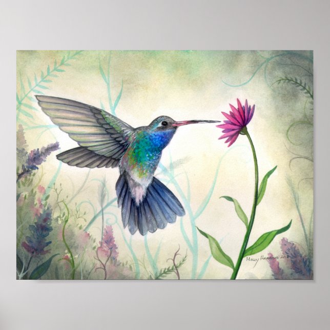 Sweet Nectar Hummingbird and Flower Watercolor Poster (Front)