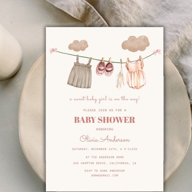 Sweet Neutral Pink Boho Baby Girl Clothes Shower Invitation (Sweet Neutral Pink Boho Baby Girl Clothes Shower Invitation)