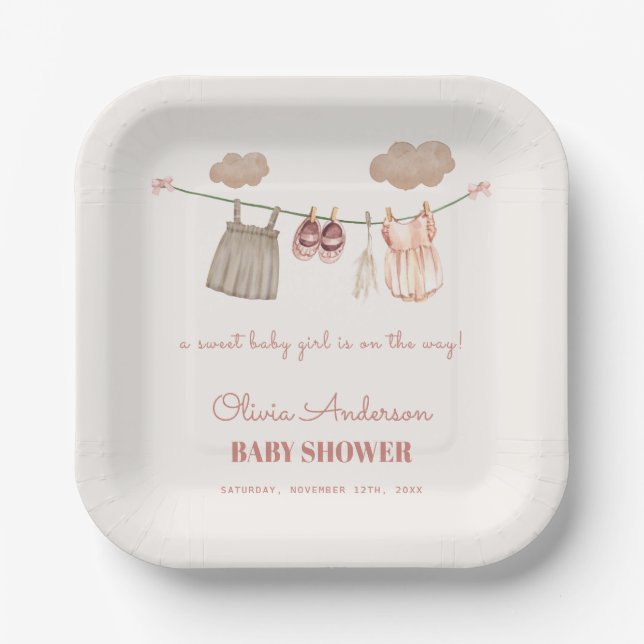Sweet Neutral Pink Boho Baby Girl Clothes Shower Paper Plate (Front)
