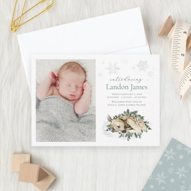 Sweet Newborn Deer Blue Green Baby Boy Photo Birth Announcement (Creator Uploaded)