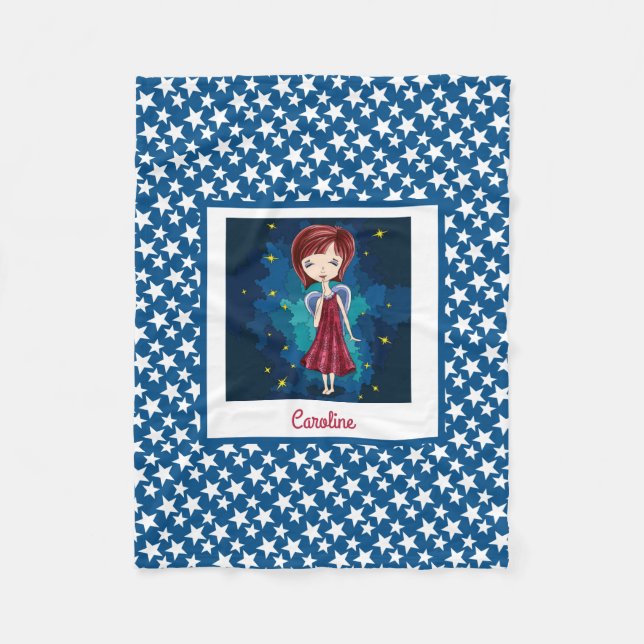Sweet Night Angel & stars on blue personalised Fleece Blanket (Front)