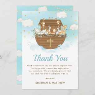 Sweet Noah's Ark Blue Boy Baptism Christening Thank You Card
