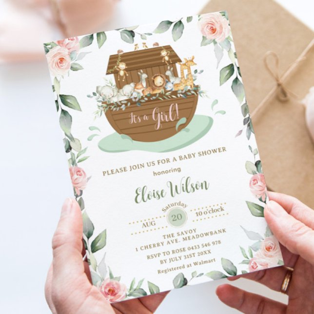 Sweet Noah's Ark Pink Floral Girl Baby Shower Invitation (zazzle-blush-pink-floral-flowers-greenery-noah's-ark-girl-baby-shower-invitation-card)