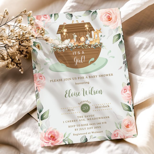 Sweet Noah's Ark Pink Floral Girl Baby Shower Invitation (zazzle-blush-pink-floral-flowers-greenery-noah's-ark-girl-baby-shower-invitation-card-printed)