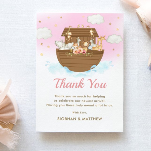 Sweet Noah's Ark Pink Girl Baby Shower Thank You Card (Creator Uploaded)