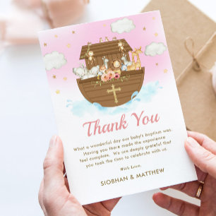 Sweet Noah's Ark Pink Girl Baptism Christening  Thank You Card