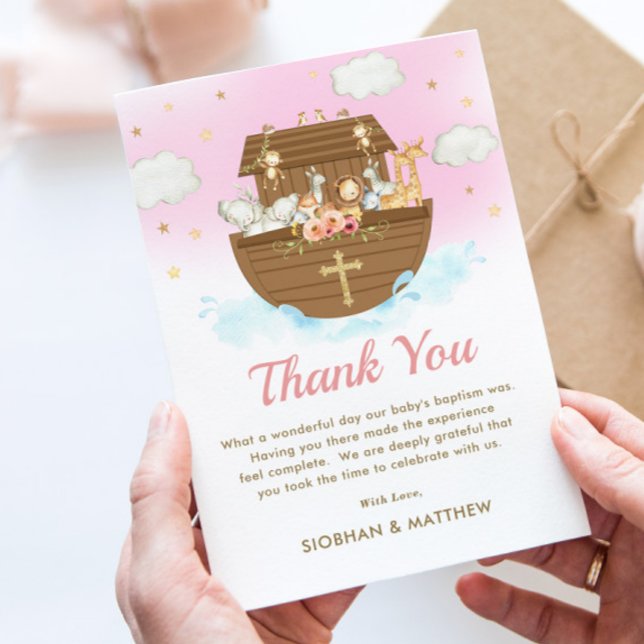 Sweet Noah's Ark Pink Girl Baptism Christening  Thank You Card (Creator Uploaded)