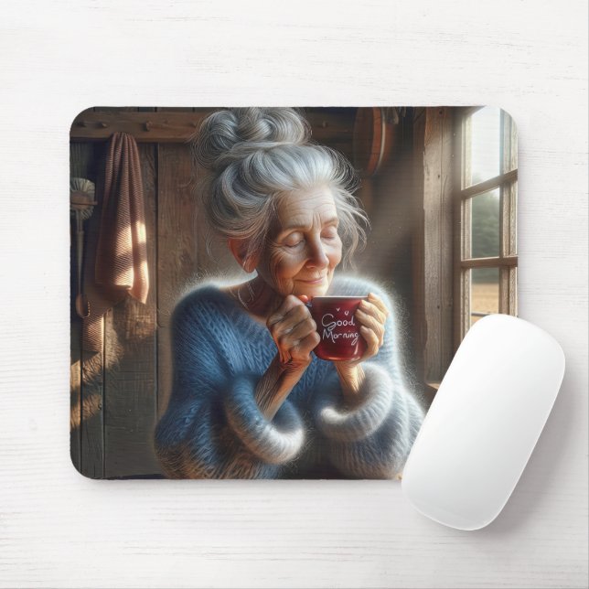 Sweet Old Lady With Morning Coffee Mouse Pad (With Mouse)