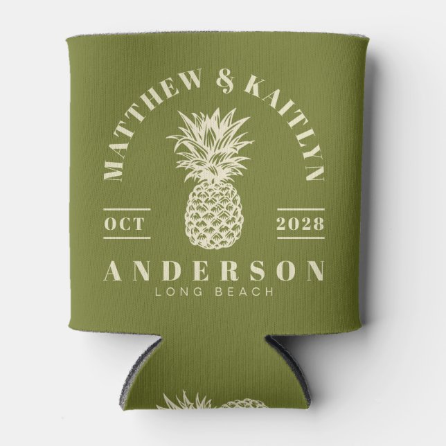 Sweet Olive Tropical Pineapple Wedding Crest Can Cooler (Front)
