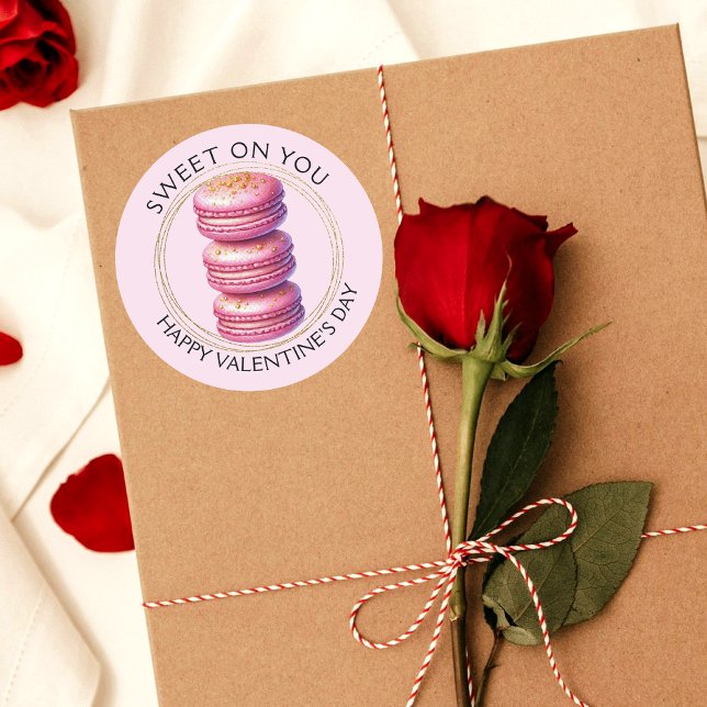 Sweet on You Happy Valentine's Day Macaron Classic Round Sticker (Sweet on You Valentine's Day sticker, but can be used for other events or baking packaging.)