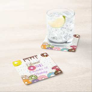 Sweet One 1st Birthday Party   Customisable Square Paper Coaster