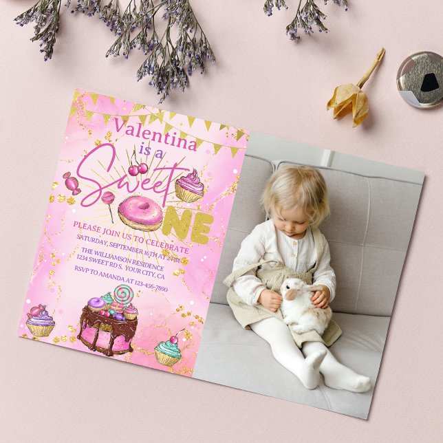 Sweet One 1st Birthday Pink Faux Glitter Photo Invitation (Creator Uploaded)