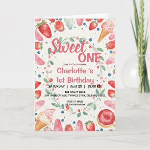 Sweet One 1st Birthday Strawberry Doughnut Ice Cre Invitation