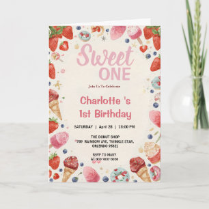 Sweet One 1st Birthday Strawberry Doughnut Ice Cre Invitation