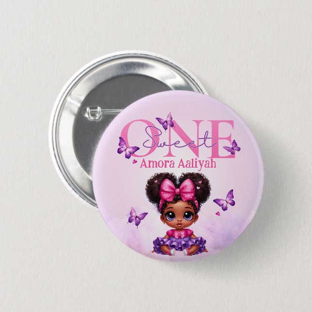 Sweet ONE Afro Puff Baby Girl Purple 1st Birthday  6 Cm Round Badge (Front & Back)