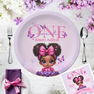Sweet ONE Afro Puff Baby Girl Purple 1st Birthday  Paper Plate