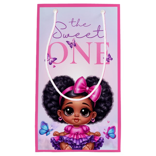 Sweet ONE Afro Puff Baby Girl Purple 1st Birthday  Small Gift Bag (Front)