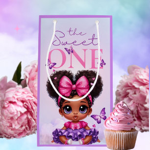 Sweet ONE Afro Puff Baby Girl Purple 1st Birthday  Small Gift Bag
