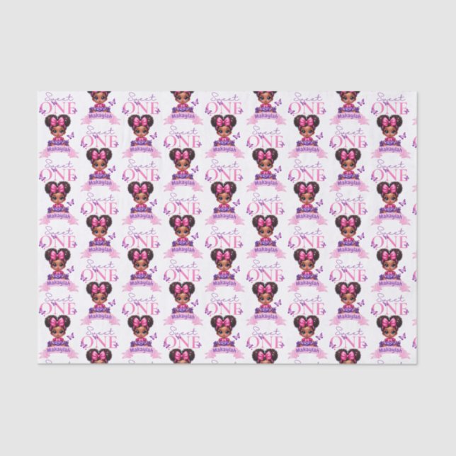 Sweet ONE Afro Puff Baby Girl Purple 1st Birthday  Tissue Paper (Front)