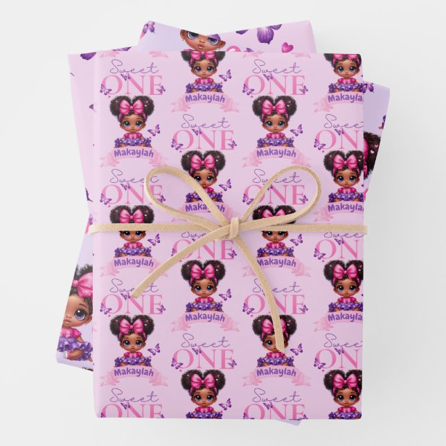 Sweet ONE Afro Puff Baby Girl Purple 1st Birthday  Wrapping Paper Sheet (In situ)