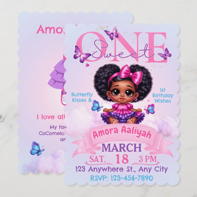 Sweet ONE Afro Puff Girl 1st Birthday Butterfly Invitation (Front/Back)