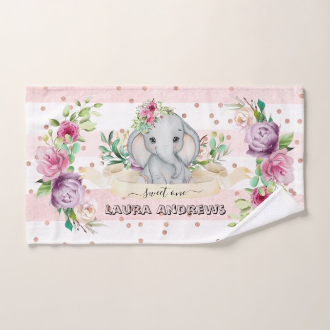 Sweet One Baby Elephant and Flowers 1st Birthday Hand Towel (Hand Towel)