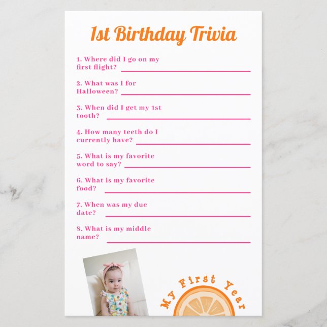 Sweet One Birthday Trivia Game (Front)