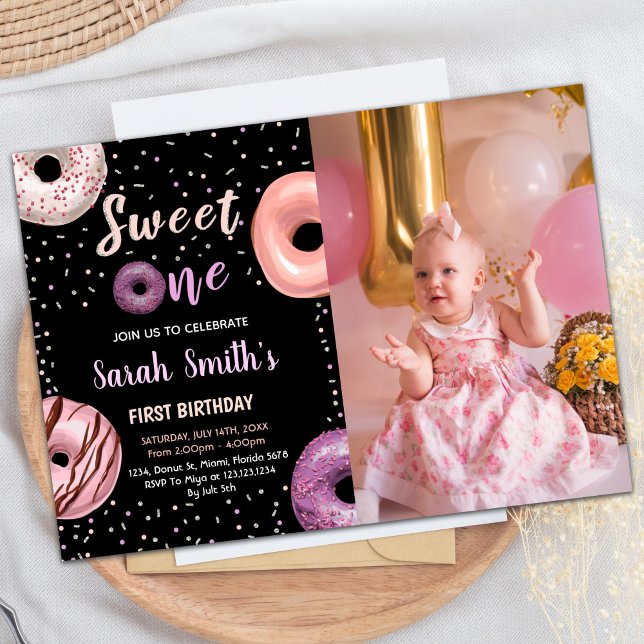 Sweet One Black Photo Doughnut Birthday Invitation (Sweet One Black Photo Donut Birthday Invitations)