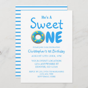 Sweet One Blue Doughnut Boy 1st Birthday Invitation