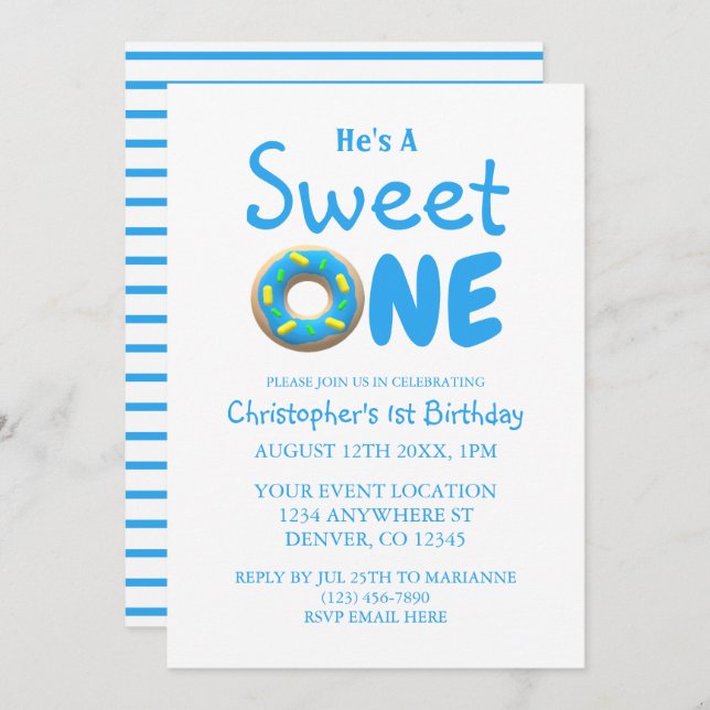Sweet One Blue Doughnut Boy 1st Birthday Invitation (Front/Back)