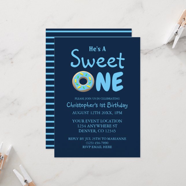 Sweet One Blue Doughnut Boy 1st Birthday Invitation (Front/Back In Situ)