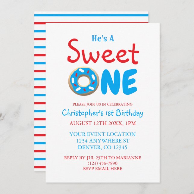 Sweet One Blue Doughnut Boy 1st Birthday Invitation (Front/Back)