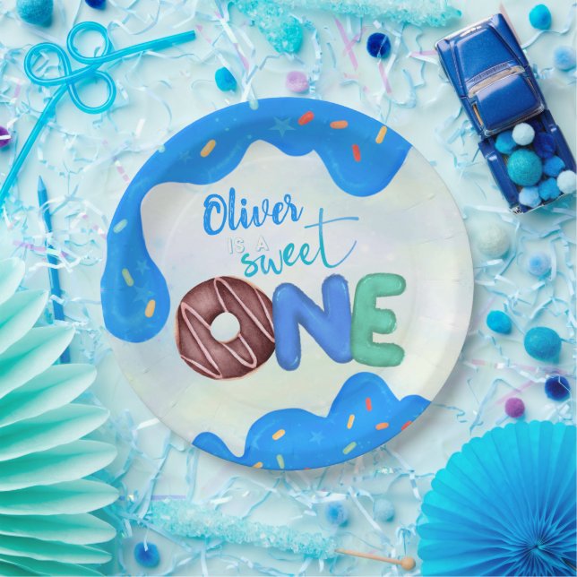 Sweet One blue Frosting boy's First Birthday Paper Plate (Party)