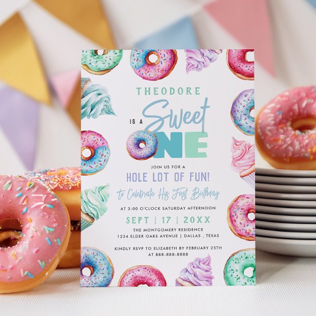 Sweet One Cute Doughnuts Boy 1st Birthday Party Invitation (Creator Uploaded)