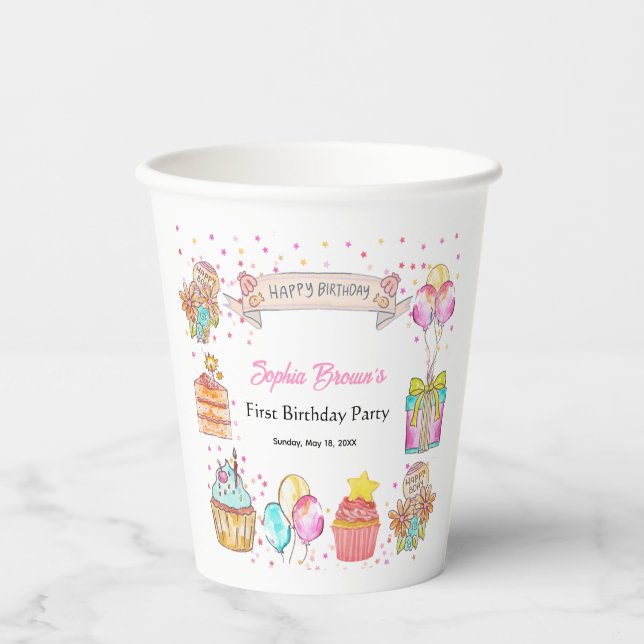  Sweet One Cute Girl 1st Birthday Party Paper Cups (Front)