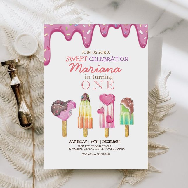 Sweet One Cute Ice Cream Watercolor Birthday Invitation (Creator Uploaded)