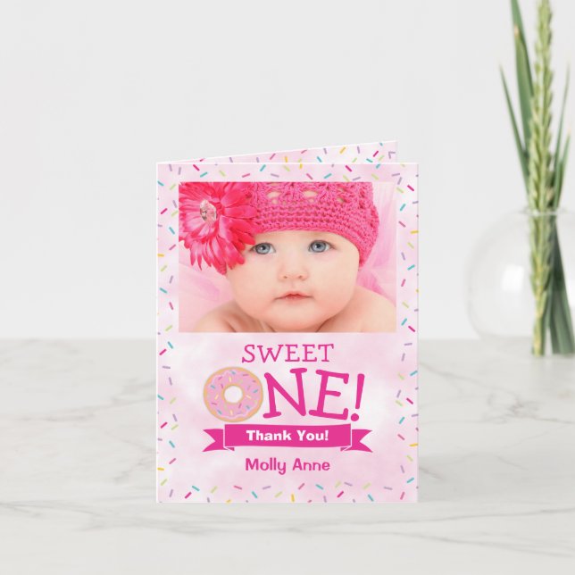Sweet ONE Doughnut 1st Birthday Girl Thank You Car Card (Front)