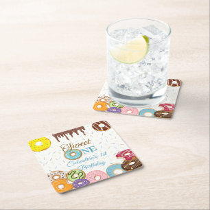 Sweet One Doughnut Birthday   1st Birthday Party Square Paper Coaster