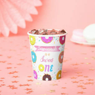 Sweet One Doughnut Birthday Invitation Paper Plate Cups