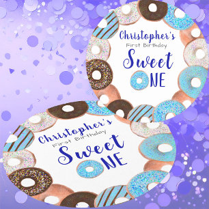 Sweet One Doughnut Blue Boy 1st Birthday Party Round Paper Coaster