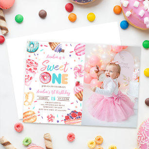 Sweet One Doughnut Candy 1st Birthday Photo Invitation