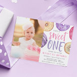 Sweet One | Doughnut First Birthday Party Photo Invitation<br><div class="desc">Cute first birthday party invitations feature "she's a sweet one" in the centre with your party details beneath,  surrounded by watercolor doughnut illustrations in neutrals,  pink,  and purple. Add a photo of the birthday girl to complete this sweet and whimsical design.</div>