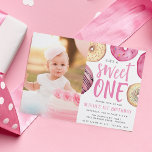 Sweet One | Doughnut First Birthday Party Photo Invitation<br><div class="desc">Cute first birthday party invitations feature "she's a sweet one" in the centre with your party details beneath,  surrounded by watercolor doughnut illustrations in shades of pink. Add a photo of the birthday girl to complete this sweet and whimsical design.</div>