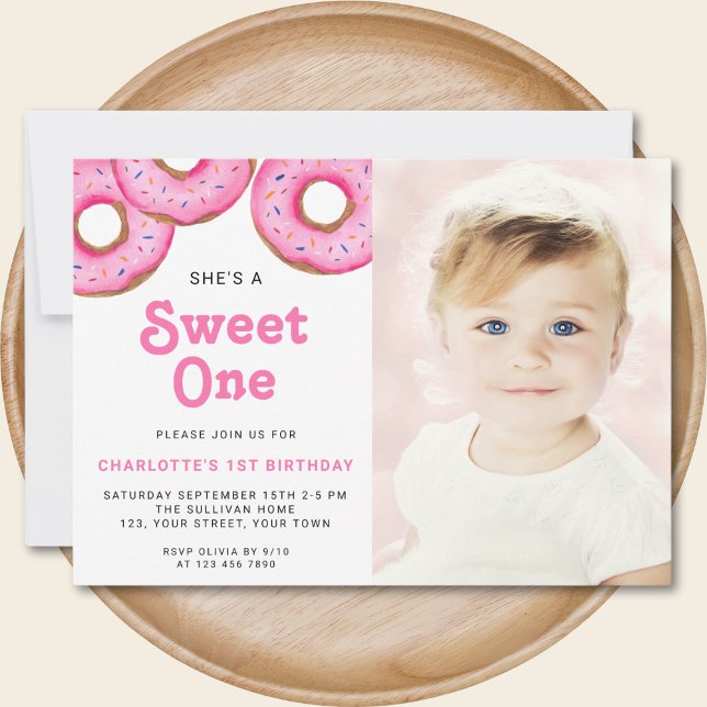 Sweet One Doughnut First Birthday Party Photo  Invitation (Creator Uploaded)