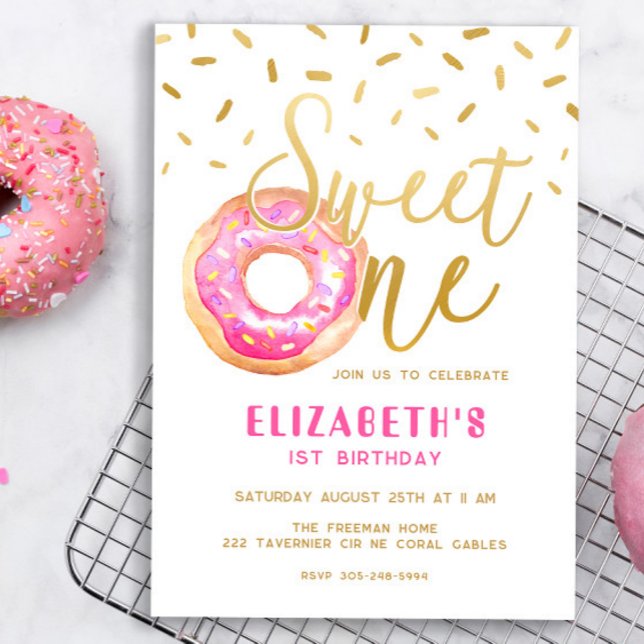 Sweet One Doughnut Girl 1st Birthday Pink Gold Par Invitation (Creator Uploaded)