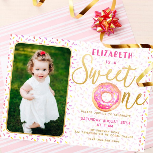 Sweet One Doughnut Girl Birthday with Photo Card (Creator Uploaded)