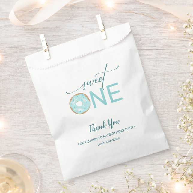 Sweet One Doughnut Girl's 1st Birthday Teal Thank  Favour Bags (Clipped)