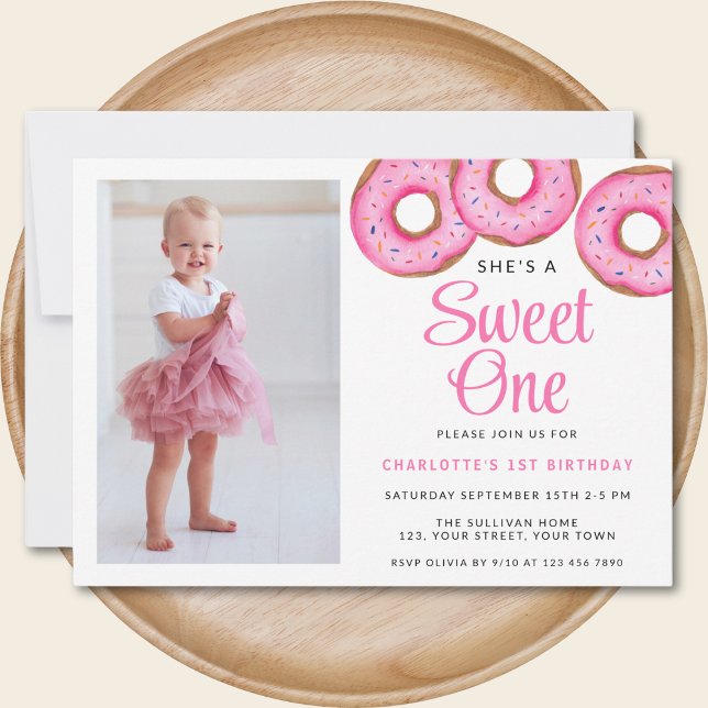 Sweet One Doughnut  Photo First Birthday Party Invitation (Creator Uploaded)