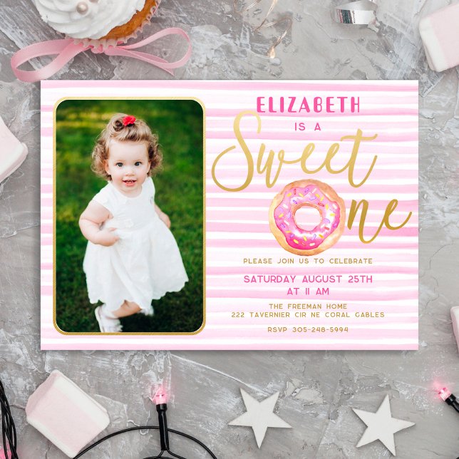 Sweet One Doughnut Photo Girl 1st Birthday Invitat Card (Creator Uploaded)