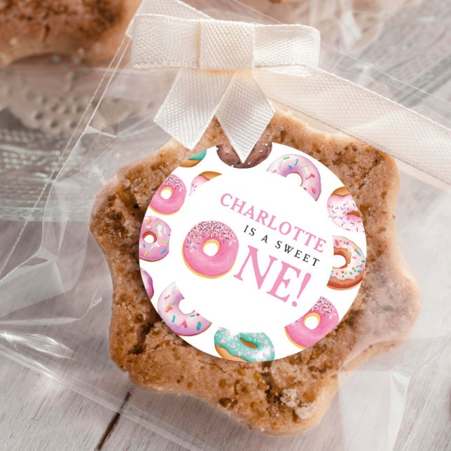 Sweet One Doughnut Pink 1st First Birthday Party Classic Round Sticker (Creator Uploaded)